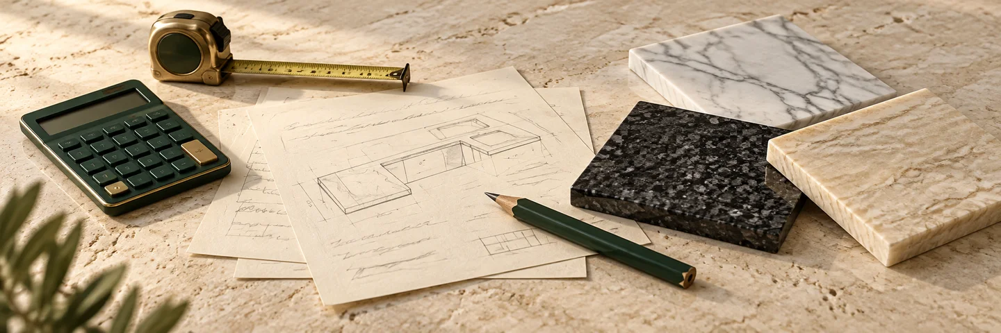 Ilustración de una mesa de taller con muestras de piedra, medidas, calculadora y bocetos de un mesón.
