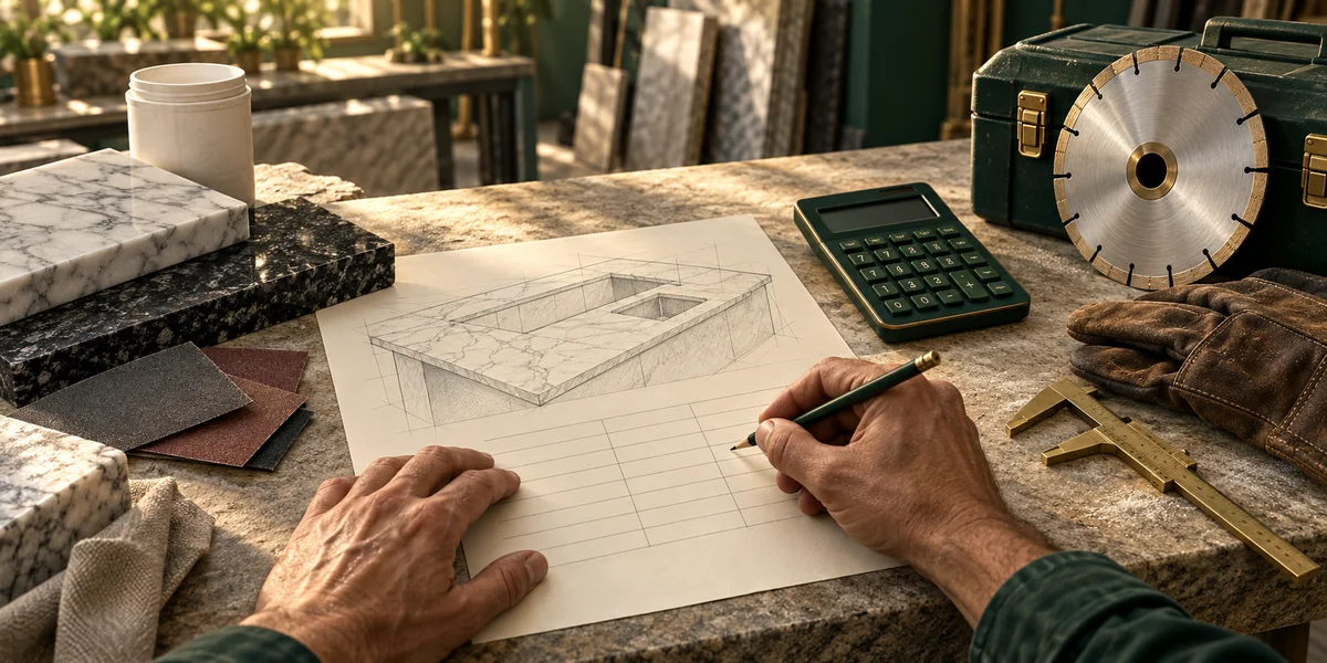 Ilustración de las manos de un artesano calculando un trabajo, junto a muestras de piedra, insumos y herramientas.